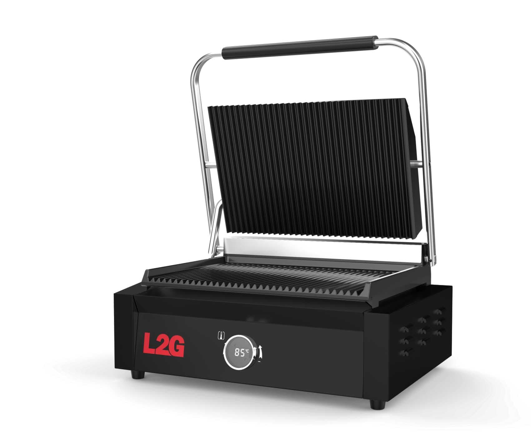 L2G Grill panini professionnel 1 plaque rainurée fonte céramique noir - 440x384x203 mm - 230V monophasé - 2,2 kW - L2G