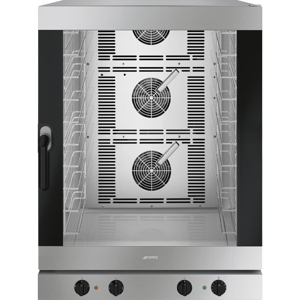 SMEG PROFESSIONAL Elektromechanischer Umluftofen aus Edelstahl mit Befeuchtung · 10 Ebenen GN1/1 oder 600x400 mm · 798x772x1100 mm · 400V Drehstrom · 16 kW · Scharniere rechts · SMEG PROFESSIONAL